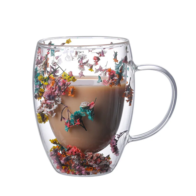 1 Piece Lovely Gift Creative Double Wall Glass Mug Cup with Dry Flower