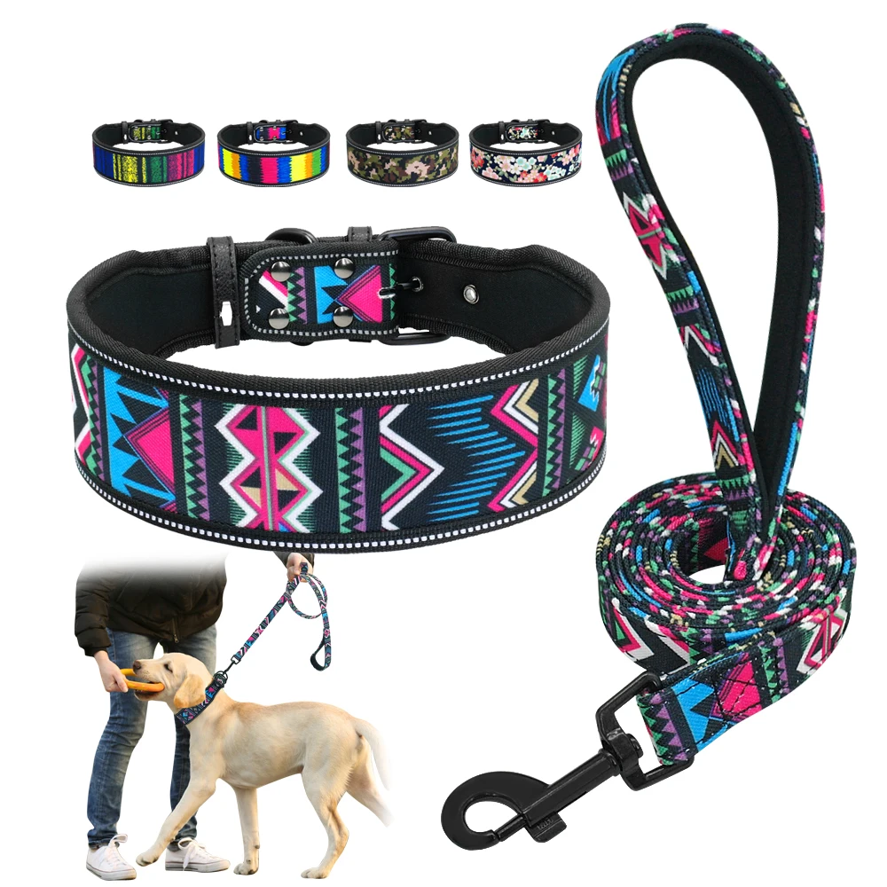 Dog Collar Pet Leash Set Soft Nylon Dog Collar And Leash Set Reflective Padded Dog Collar Fashion Printed Adjustable Pet Collars For Medium Large Dogs
