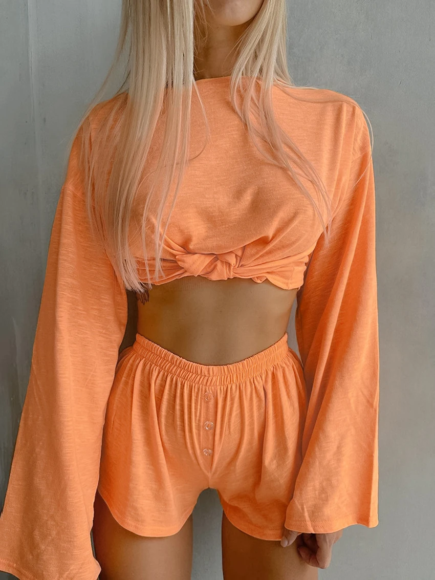 Marthaqiqi Loose Women'S Pajamas Suit O-Neck Sleepwear Long Nightwear Elastic Waist Shorts Casual Ladies Nightgowns 2 Piece Set