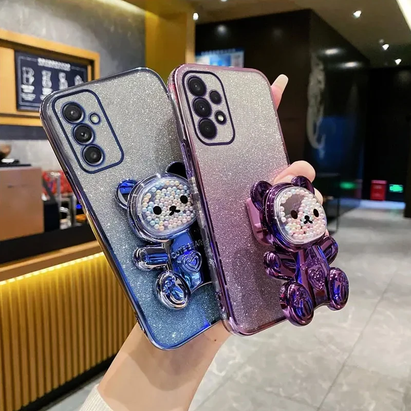 

Cute Bear Holder Bracket Glitter Plating Case On for Tecno Spark 20C Spark20C 10C 10 20 Pro Plus 8C 9 Pop 5 LTE Stand Cover