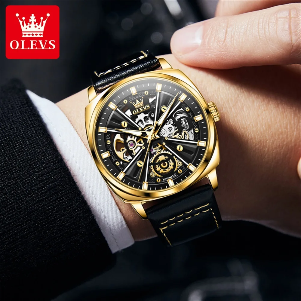 OLEVS 6685 New Waterproof Automatic Watch For Men Hollow Skeleton Mechanical Man Dress Watches Top Brand Leather Hand Clock 2024