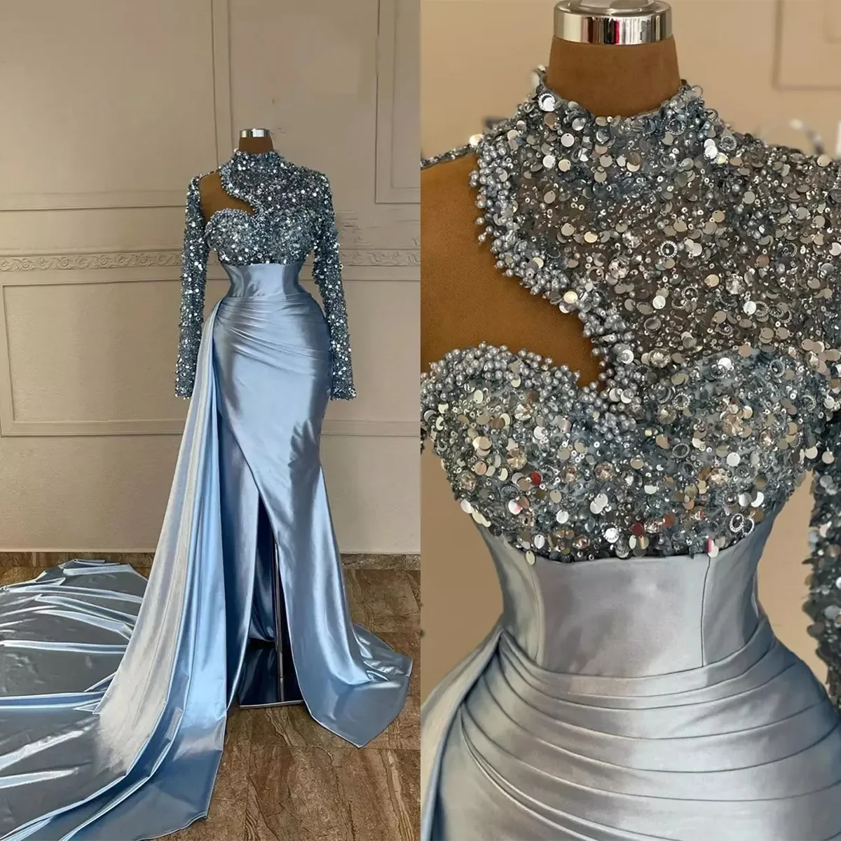 

Sparkly sequin sexy mermaid satin side slit Evening gown High neck Pearl pearl full sleeve party ball evening gown for women
