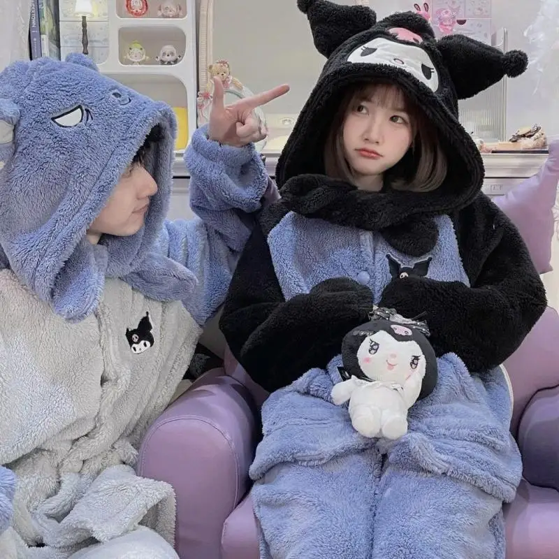 

Sanrio Kuromi Cartoon Anime Girl Heart Coral Velvet Pajamas Female Winter Senior Thickened Hooded Home Couple Suit