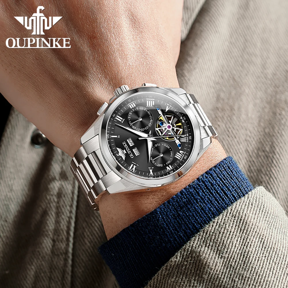 OUPINKE 3281 Watch For Men Deep Waterproof Hollow Skeleton Man Mechanical Watch Roman Scale Auto Date Original Dress Wristwatch