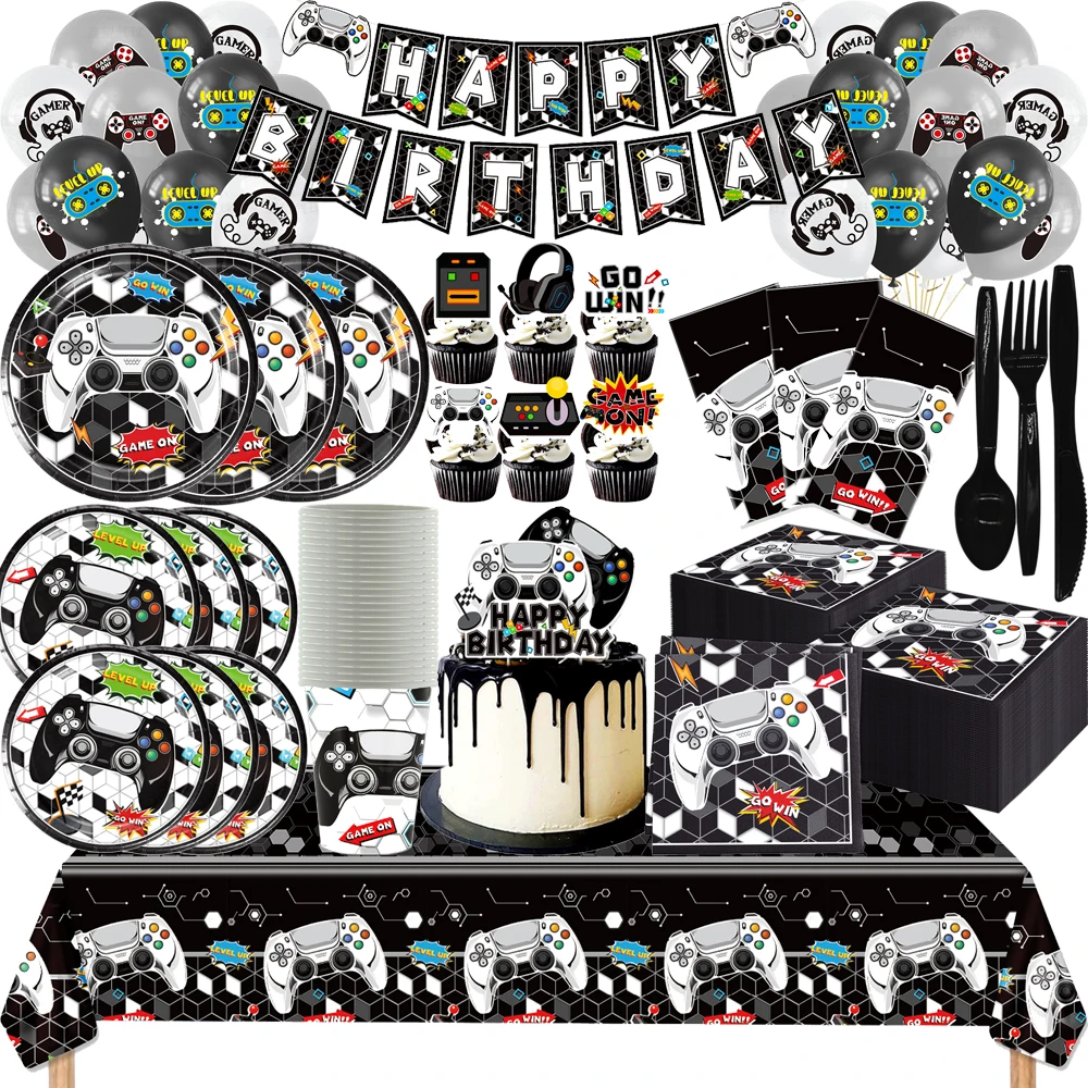 Black And White Video Games Theme Kild Birthday Decoration Disposable Tableware Paper Plate Cup Balloons For Boy Party Supplies