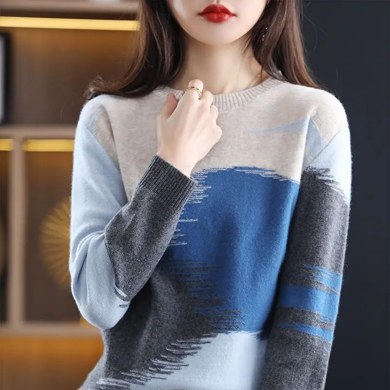 

Fashion Vintage Women Contrast Sweater Autumn Winter Korean Clothing Loose Casual Long Sleeve Round Neck Knitted Pullovers Tops