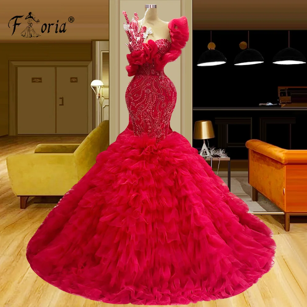 

Splended Red Dubai Mermaid Wedding Dress Woman One Shoulder Beads Ruffle Evening Party Dress Layered Tulle Formal Ceremony Gowns