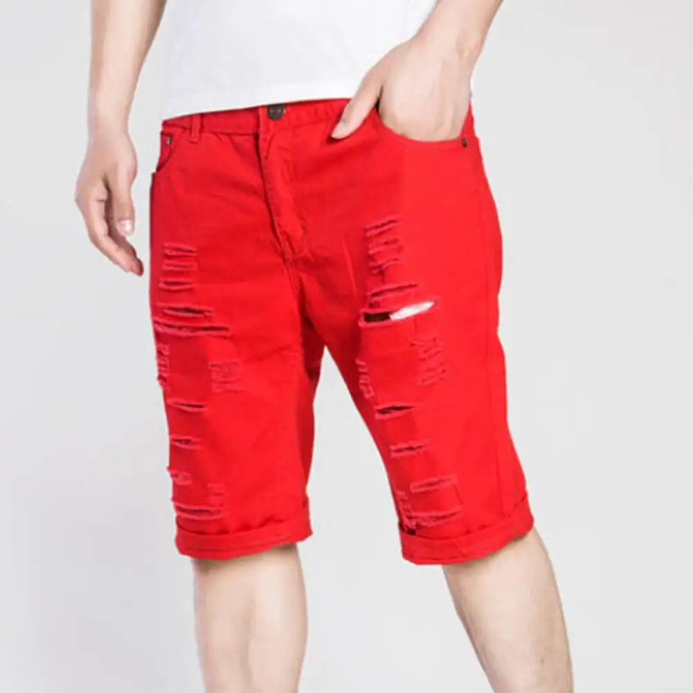 New Denim Shorts Men Knee Length Fashion Jeans Casual Hole Slim Male Short Pants Streetwear