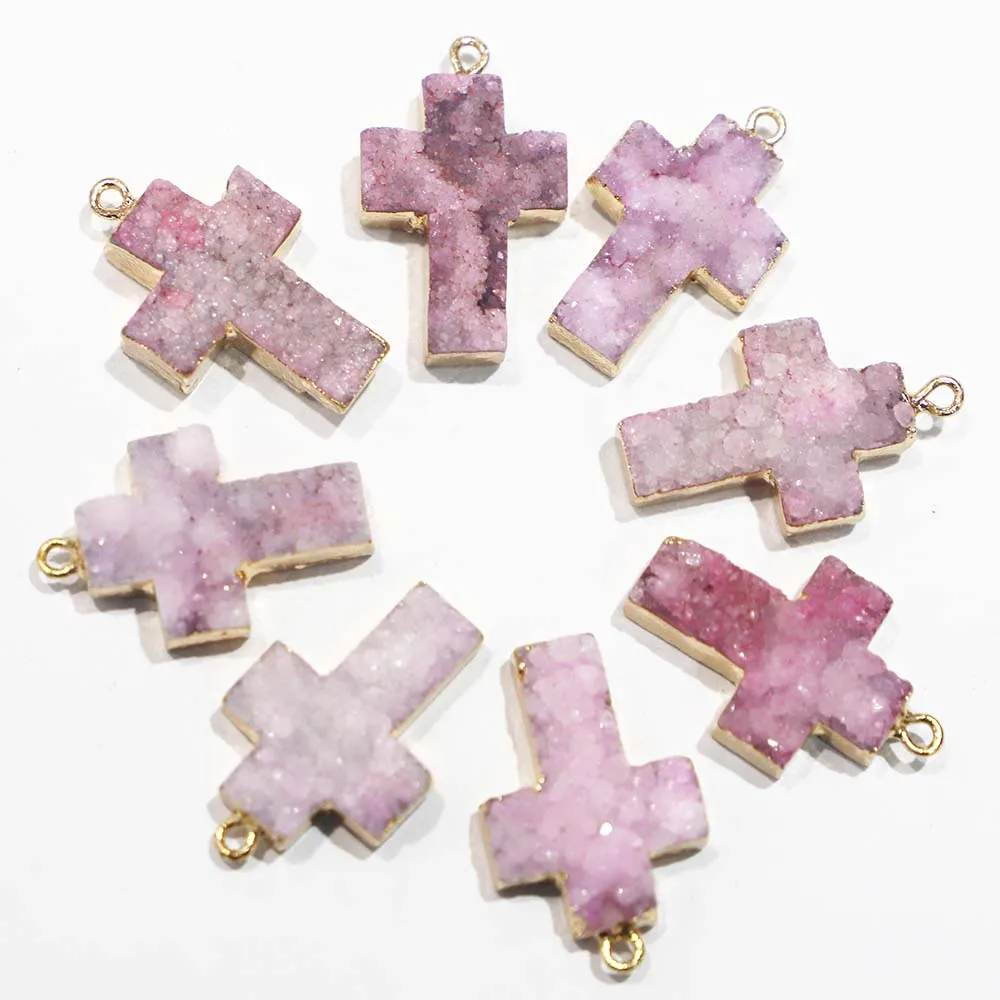 Natural Stone Pink Agates Druzy Cross Necklace Pendants Unisex Charms DIY Fashion Making Jewelry Gift Accessories Wholesale 6Pcs