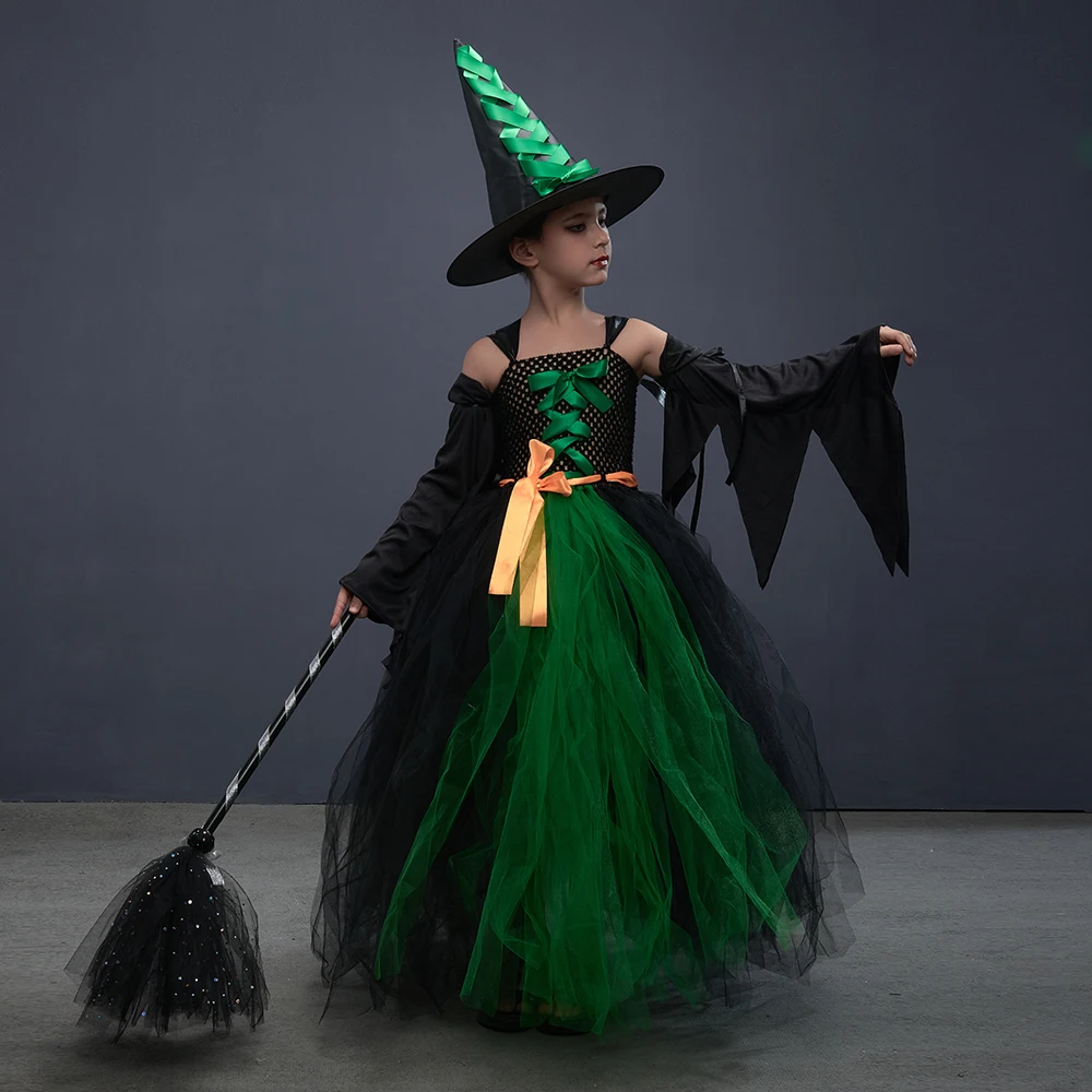 Fairytale Green Witch Dress with Hat Broom Glamour Kids