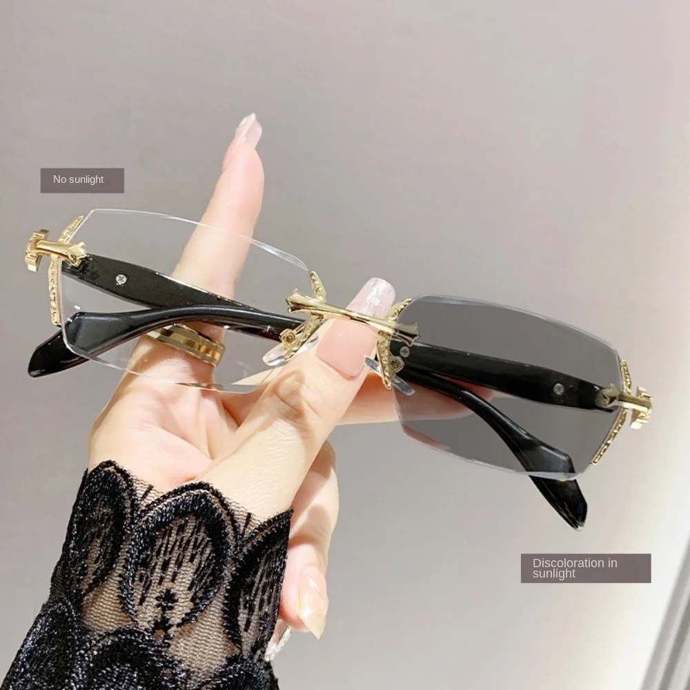 Y2K Vintage Rahmenlose Schnittkante Brille Anti Augenüberanstrengung Metall Anti-Blaulicht Brille Reisebrille Augenschutz – Detail 2