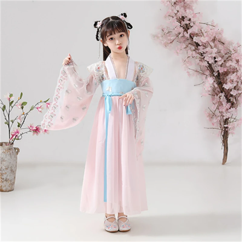 

Spring Autumn Princess Fairy Pink Embroidery Dress Chinese Hanfu Girl Cosplay Costumes Tang Suit