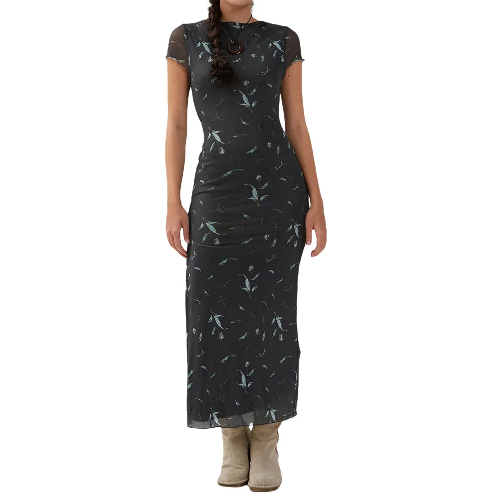 

Douhoow Women Summer Side Slit Party Dress Mesh Flower Print Crew Neck Short Sleeve Tight Dress Long Bodycon Dress Black