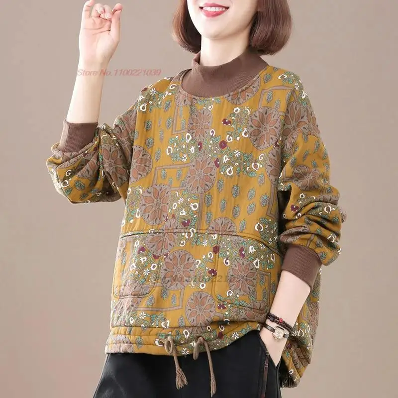 

2024 chinese vintage hanfu tops national flower print cotton linen pullover traditional fleece lined thicken ethnic sweatershirt