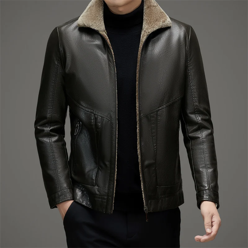 

CG-803 Autumn Winter Padded And Thickened Paragraph Men's Leather Jacket Fashion Business Casual Jacket Lapel Fur Integration