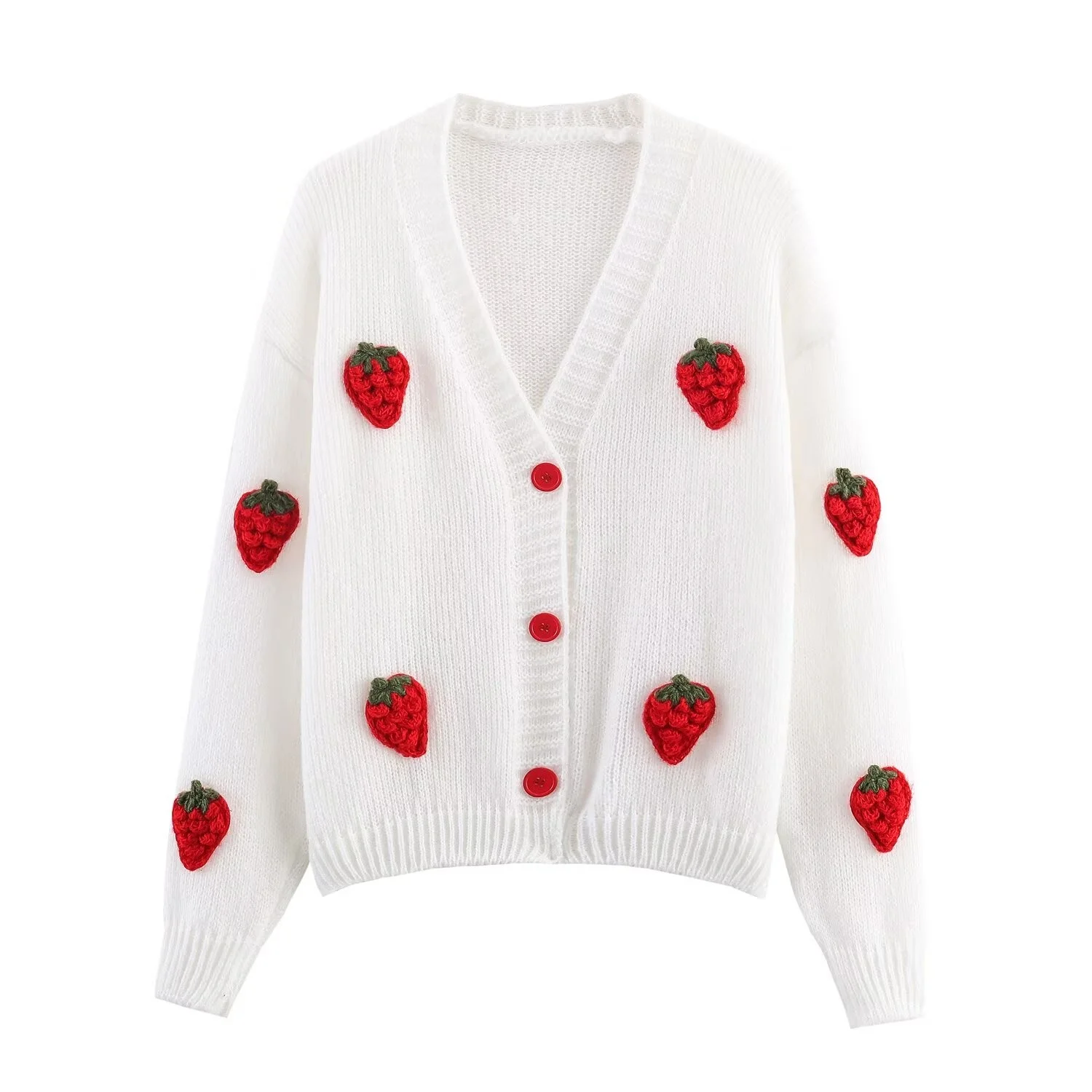 Woman's Korean Style Strawberry Knitted Cardigan V-Neck Single Breasted Long Sleeved Sweater Female Autumn Winter New Chic Top