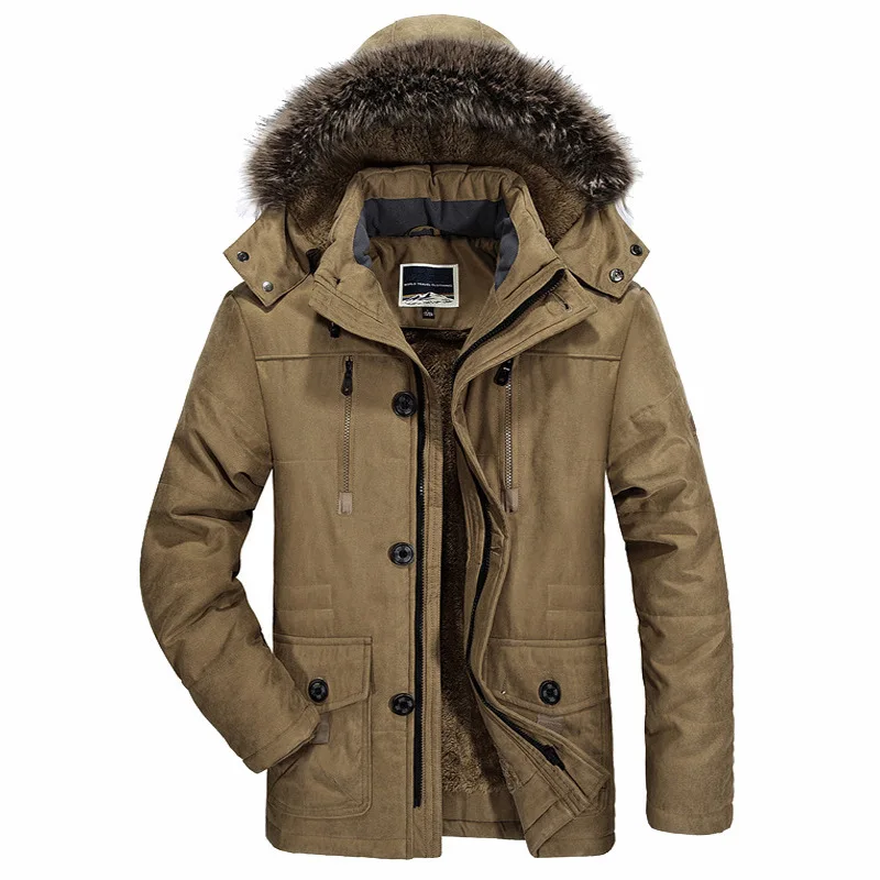 Thicken Men Winter Coat Plush Fur collar Hooded Men Wool Liner Jakcket Padded Cotton Coat Long Outdoor Hooded Jacket Snow Parkas