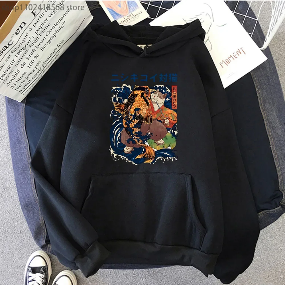 Cat Eat Fish Print Hoodies Kawaii Cartoon Graphic Sweatshirt Hip Hop Street Streetwear Men's Clothes Long Sleeve Pullover Women