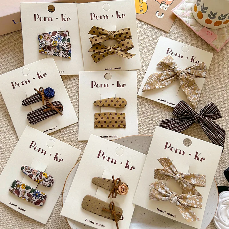 Korean coffee Color Bow Plaid Embroidery Hairpin Fabric Bb Clip Bangs Love Star Hair Band Headwear Girls Kids Hair Accessories