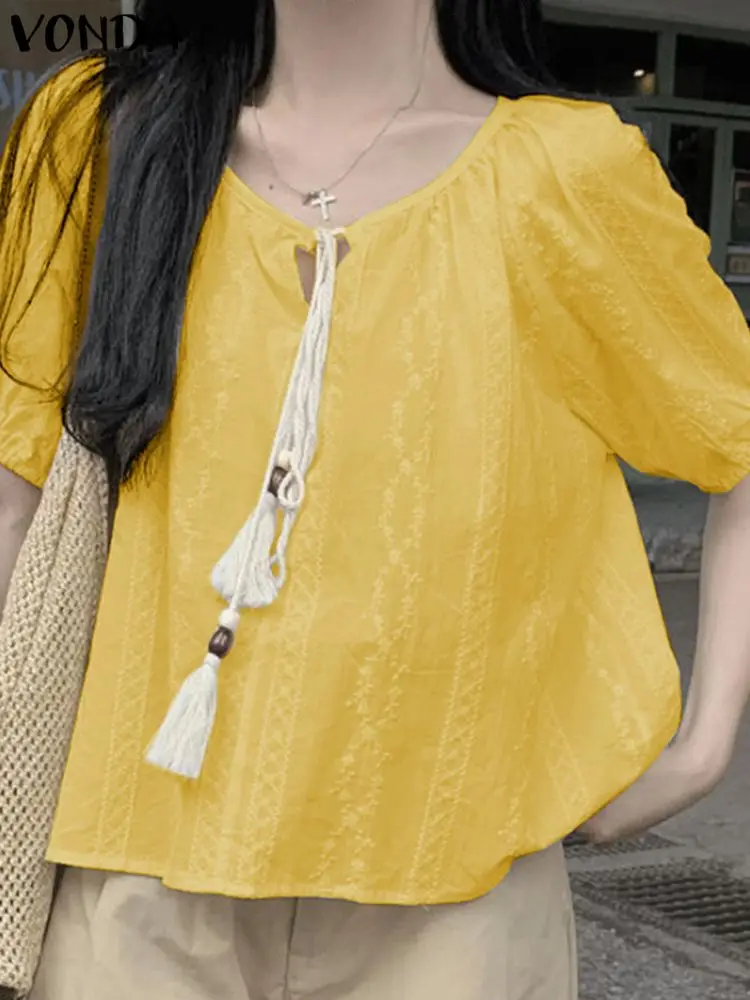 VONDA Fashion Blouse 2023 Summer Tops Women Tunic Short Sleeve Solid Color Bandage Shirts Casual Loose Office Blusas Femininas