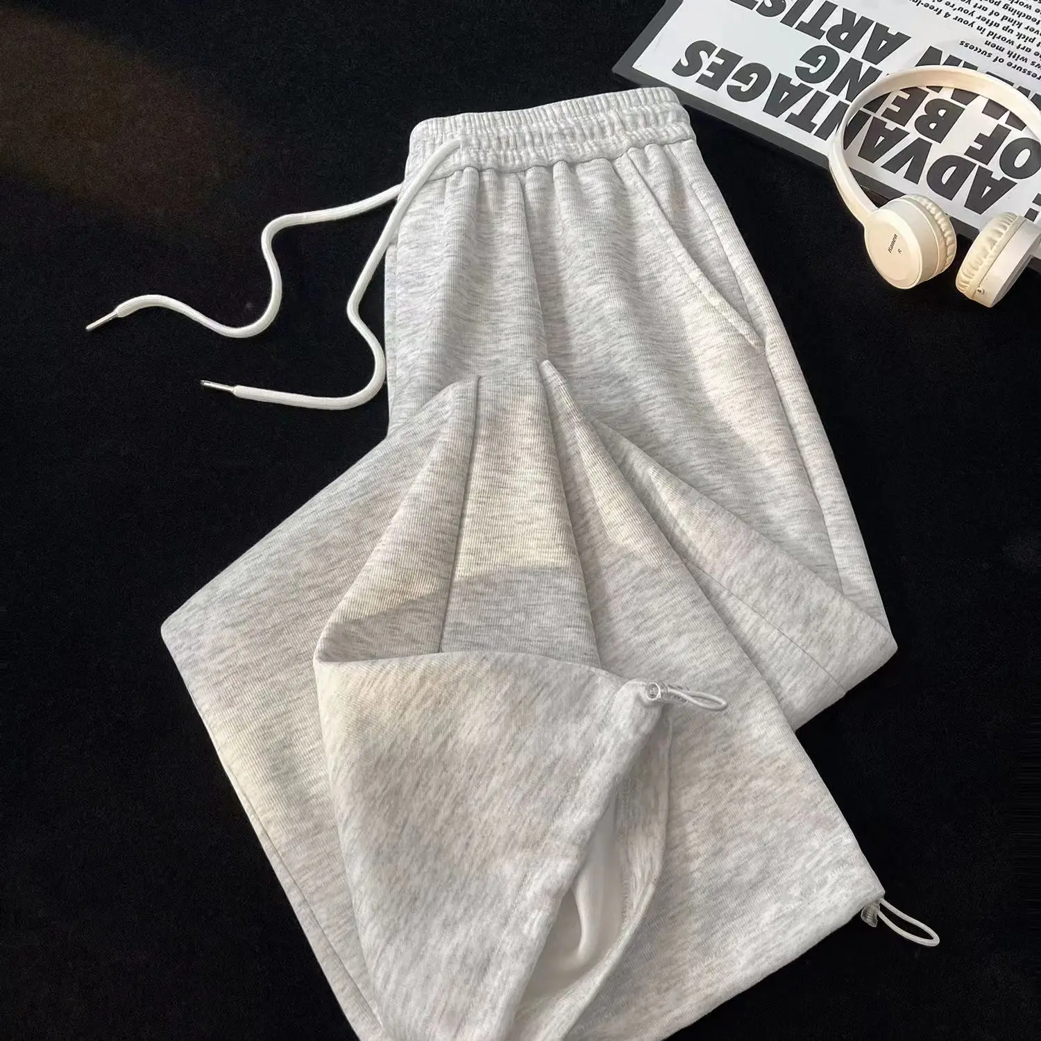 Loose Straight Leg Grey Sports Pants Women's Spring Autumn New Style Casual Wide Leg Floor-Length Trousers Cuffed