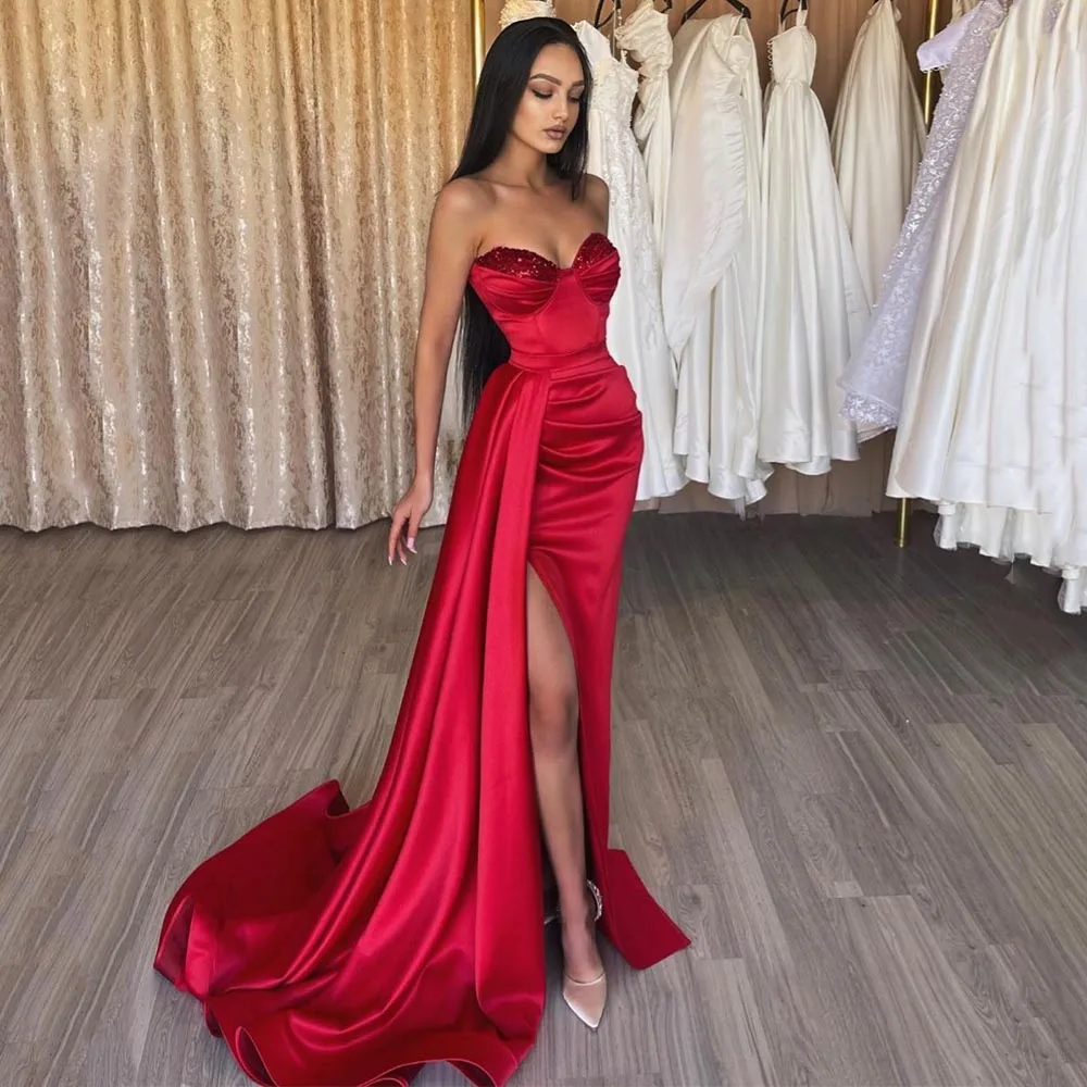 

Yipeisha Simple Red Mermaid Evening Gown Floor Length Satin Side Split Prom Dress Wedding Guest Plus Size Robe de Soiree