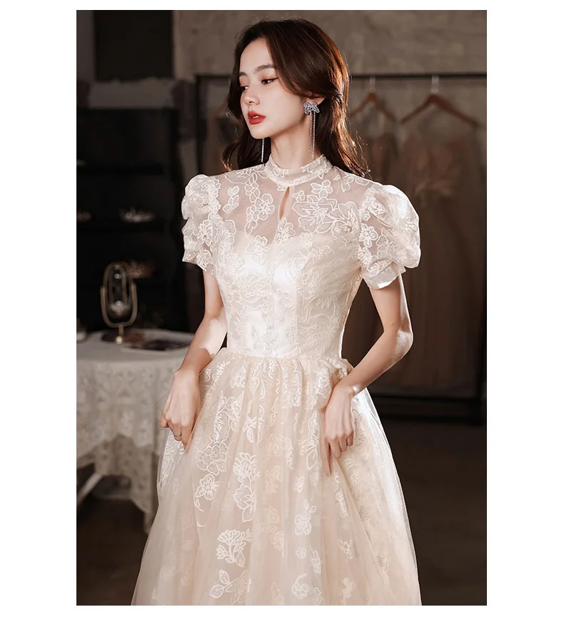 Elegant Lace Evening Dresses For Wedding Party Vintage High Neck A-Line Floor-Length Backless Long Formal Gowns dinner dresses for ladies