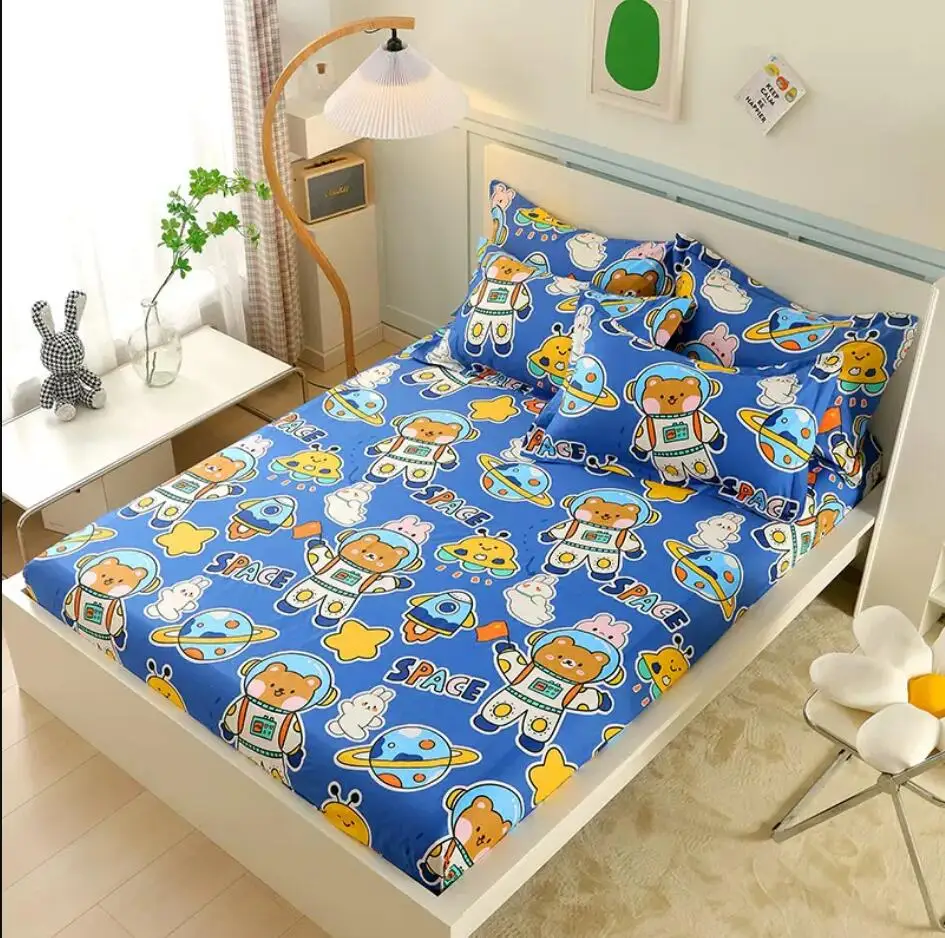 

Cartoon 100% Cotton Bed Fitted Sheet with Elastic +2pc Pillowcases Mattress Cover Single Double Queen King Bed Kids Bedroom B83D