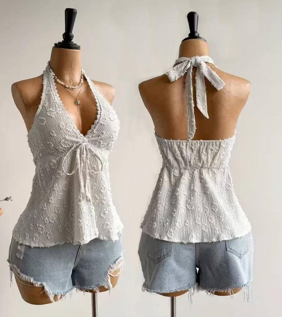 Ladies' Summer V-neck Lace Neck Strap Off Shoulder Leisure Vacation Easter Beach Wear Music Festival Top 1