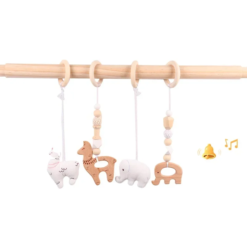 4Pcs/Set Baby Beech Hanging PendantsKnitting Doll Ring Teether Teething Nursing Rattle Toy for Stroller Gym Newborn Baby Shower