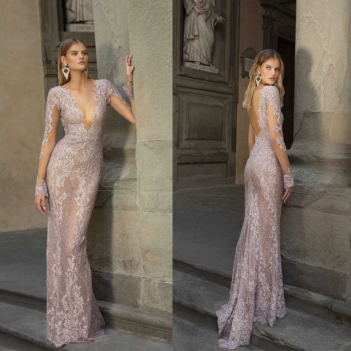 

Sexy Celebrity Dresses For Women Sequins O-Neck Skirt Slim Fit Long Sleeves Sweep Train Backless Dress Party Gown