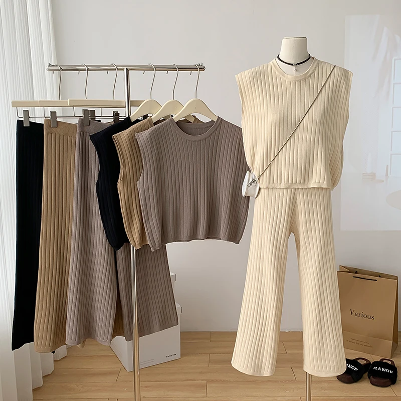 

Однотонный брючный костюм, женские летние высококачественные корейские брюки с широкими штанинами, вязаный жилет, костюм из двух предметов, повседневный женский костюм, женская одежда