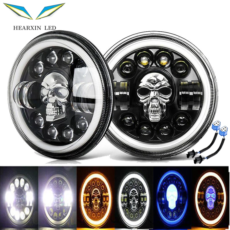 Hearxin LED 7 Inch Round LED Skull Headlight Far Near Light