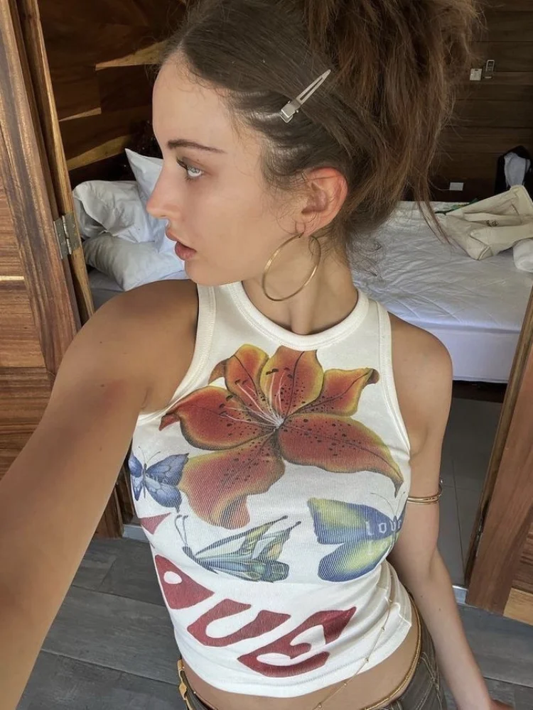 

Y2k Streetwear Sexy Tank Tops White Slim Fit Printing Crop Top 2023 Summer Women Clothes Fashion Sleeveless Gothic T-shirt