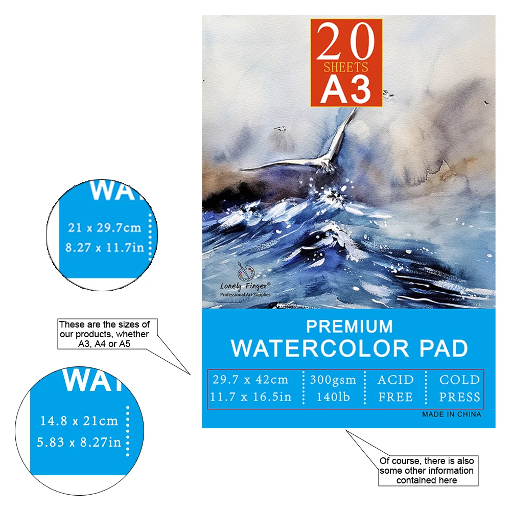 Watercolor Paper A3/A4/A5 300gsm - Professional Artists Water Colour Pad with 20 Sheets - Art Paper for Mixed Media Drawing 3