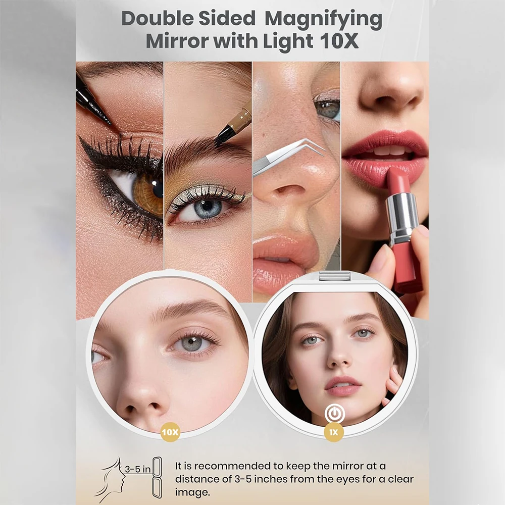 LED Pocket Mirror - Rechargeable Compact Cosmetic Mirror with Light, Travel-Friendly and Folding Design, 1X/10X Magnification