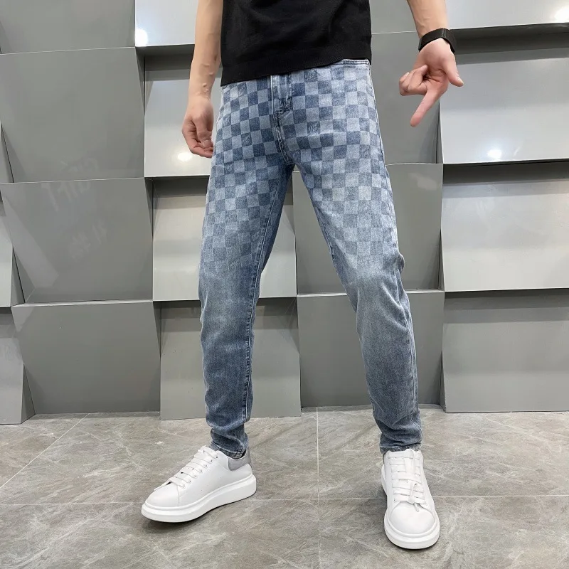 Light luxury high-end jeans Men's Fashion Square plaid printed design Stretch Slim fit light straight-leg trendy pants