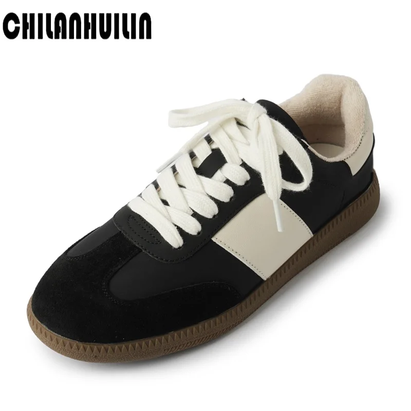 

real leather casual sneakers for women beige black platform shoes lace-up wedge heels footwear girls pumps student air shoes