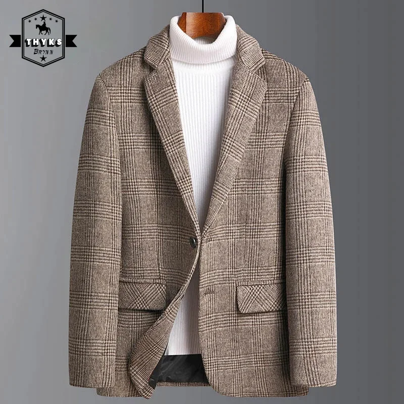 

New Mens Suit Blazers Jacket Loose Casual Business Formal Wool Plaid Male Solid Color Single Row Two Button Overcoat Spring