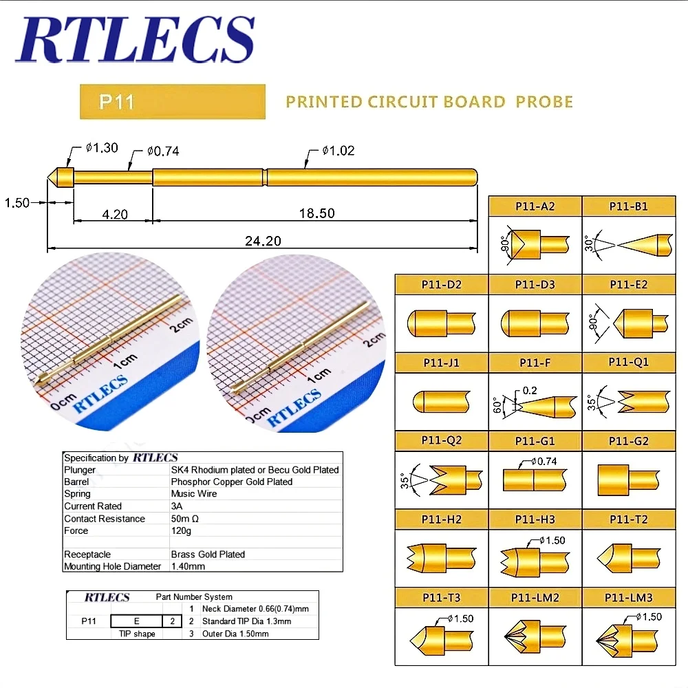 Gold Plated Spring Loaded PCB Test Probes (100-Pack) - 1.91mm Pitch, 1A Rated