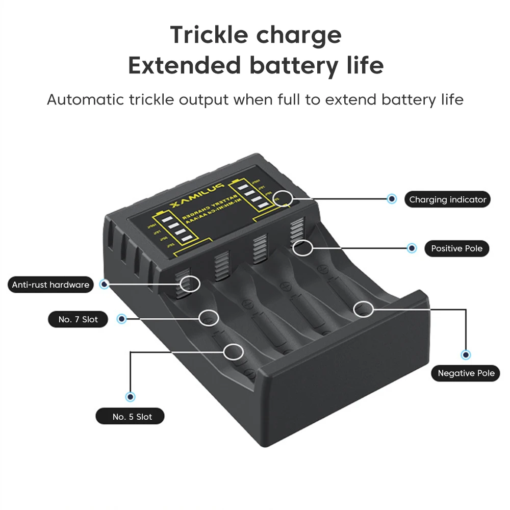 배터리 충전기 4 슬롯 1.2V NiMH NiCd AAA/AA 충전식 배터리 용 표시기가있는 지능형 고속 충전 USB C 마이크로 잭