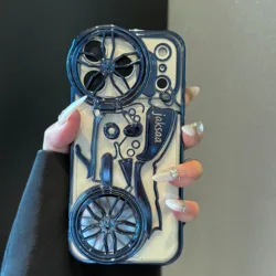 3D Motorcycle Design Clear Case with Fashion Gyro and Flip Bracket Lens Protection Cover - iPhone 15 Plus (SKY BLUE)
