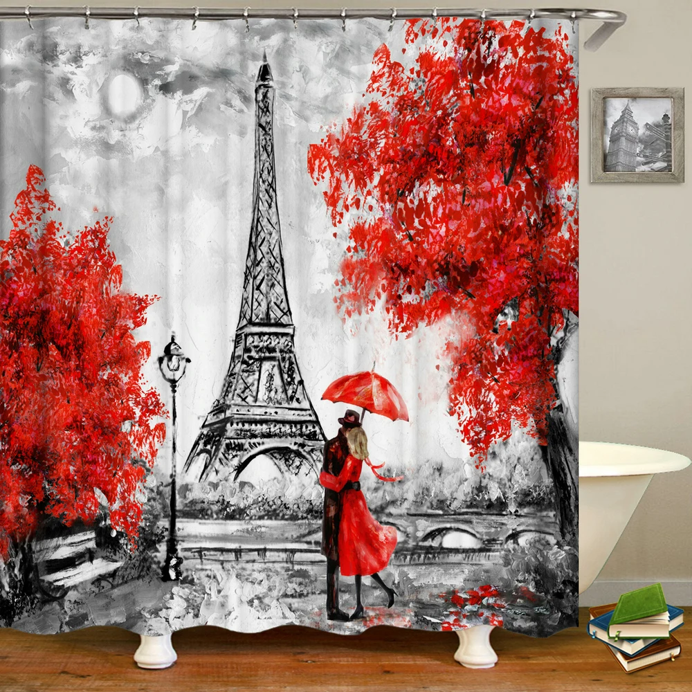 

Paris Tower Shower Curtain Bathroom Waterproof Cloth 3D Floral France Paris Painting Romantic Lovers Shower Curtains Home Decor