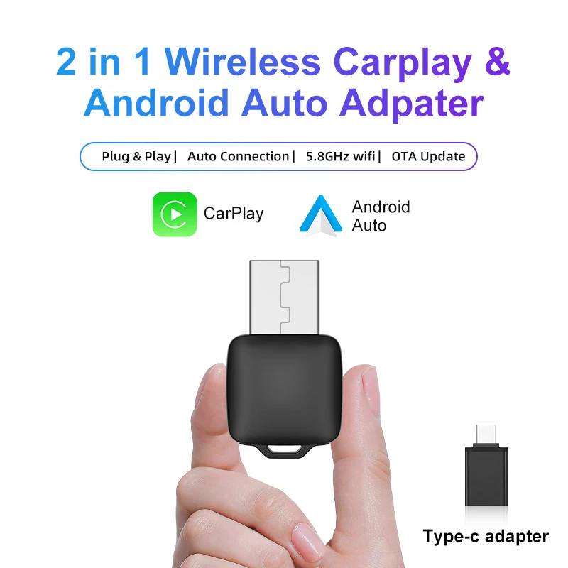 Kabelgebundener zu kabelloser CarPlay/Android-Auto-Adapter, 5 GHz WiFi5, USB/Typ-C-Plug-and-Play, für 99 % original kabelgebundene CarPlay/Auto-Autos