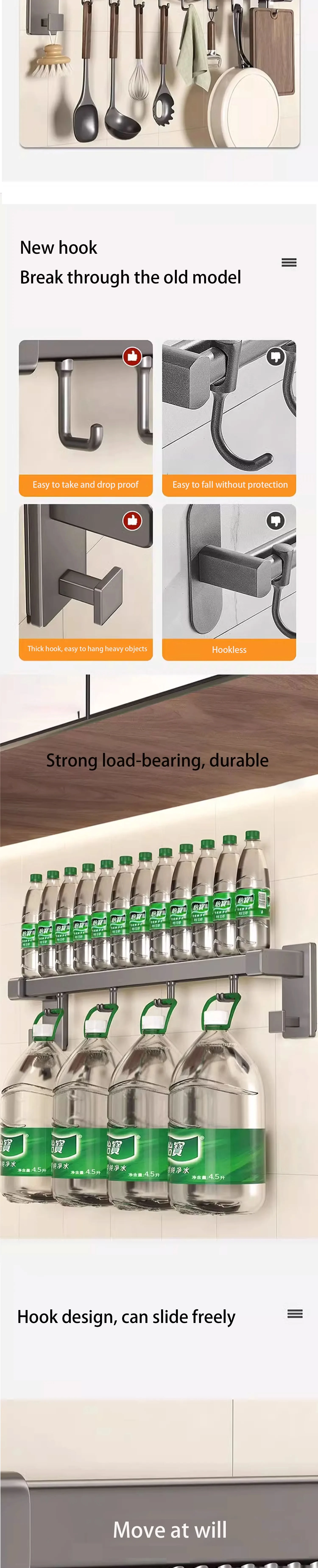 Description Picture 4 of itemWall Mounted Kitchen Rack Aluminum Movable Hook Spoon Shovel Holder Spatula Chop Organizer Home appliances Kitchen Accessories