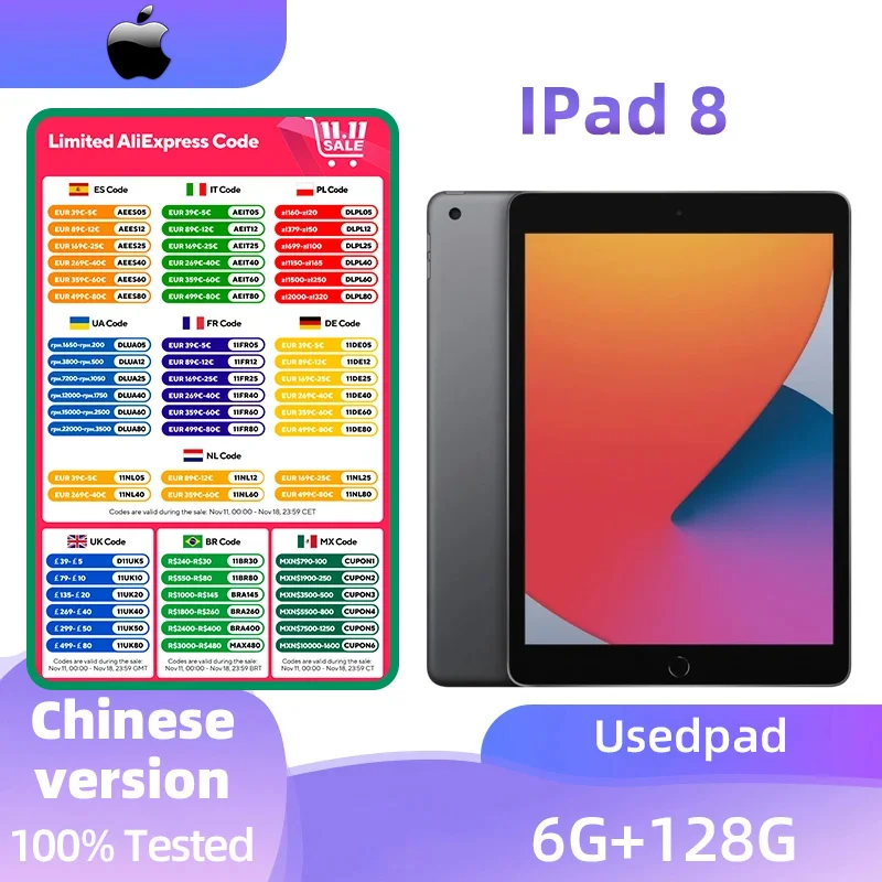 Apple IPad 8 IPS display 10.2 inches 2160x1620 CPU Apple A12 IOS 128GB fingerprint unlock original used ipad
