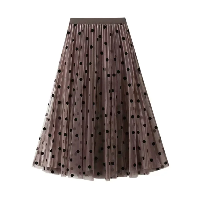 

3 layers Mesh Ball Gown Skirt 2023 New Year Polka Dot Pleated Voile Beige Black Skirt Women Chic Long Tulle Ins Tutu Skirt