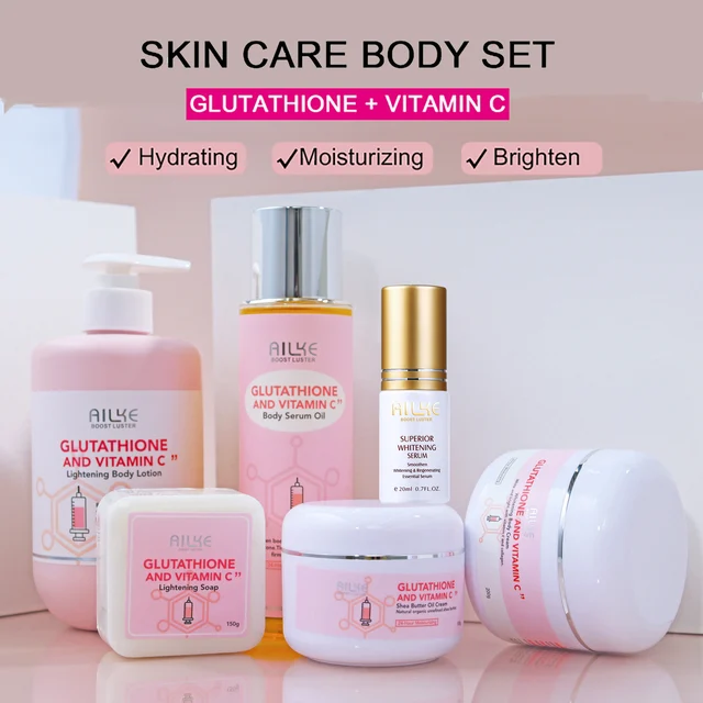 AILKE-Kit de Glutathion et de Vitamine C avec Gratitude Éclaircissante, Crème Hydratante, Éclaircissante Regina, Huile de Spa, Crème pour le Corps Brillante 1