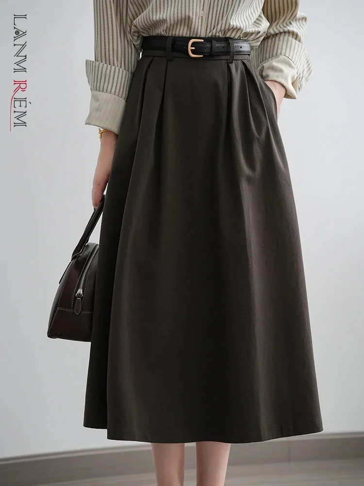 

LANMREM винтажная трапециевидная Женская юбка с поясом и высокой талией, свободная Однотонная юбка средней длины, модная весенняя Новинка 2024, 2AA3953