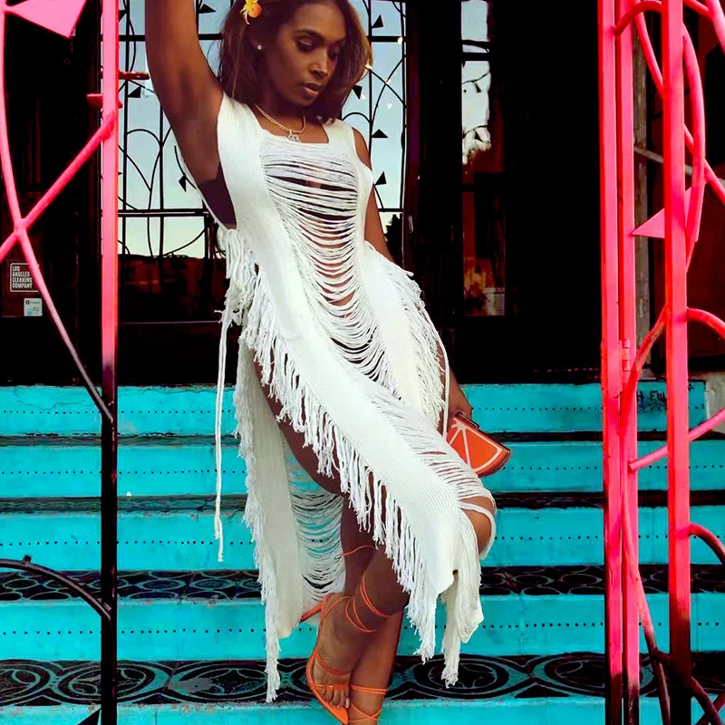 

Sexy Crochet Summer Dress for Women 2022 Holiday Loose Hollow Out Midi Dress Sleeveless High Split A-line Beach Dresses Vestidos